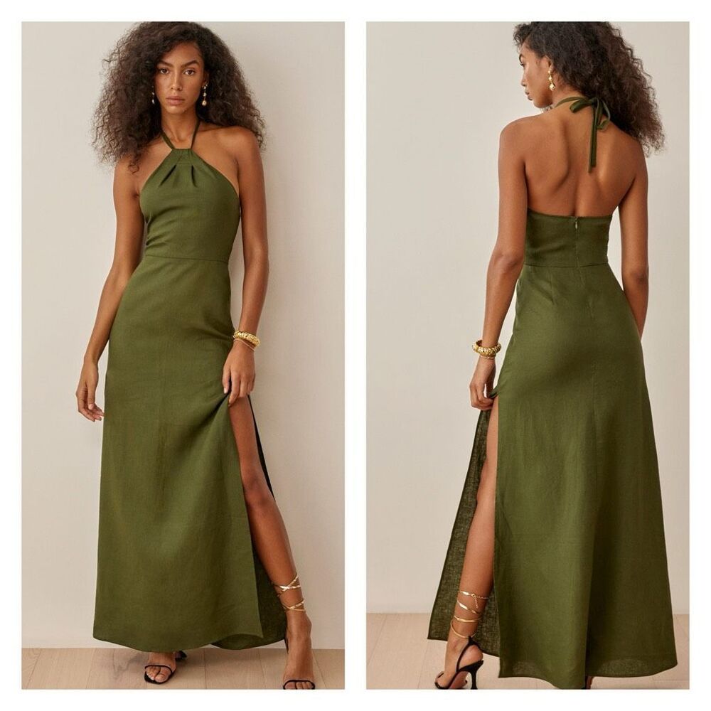 Reformation Elmer Linen Maxi Dress Olive Green High Slit  Size 6 High Neck